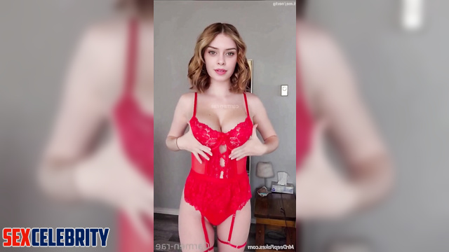 Fake Baraa Alzubaidi shakes tits in front in red lingerie