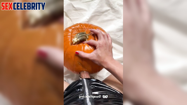 Horny Gemma Chan uses her big dick on submissive Halloween pumpkin!