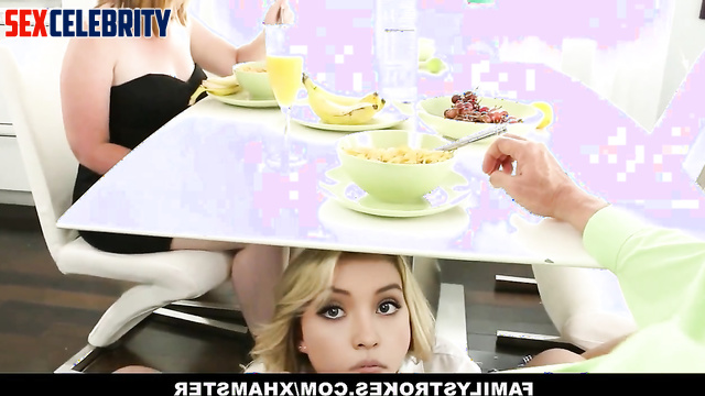 Slut making blowjob to her stepfather under the table, Sydney Sweeney ai