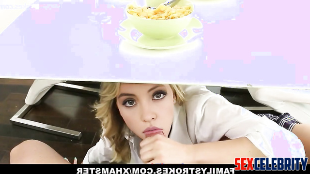 Slut making blowjob to her stepfather under the table, Sydney Sweeney ai