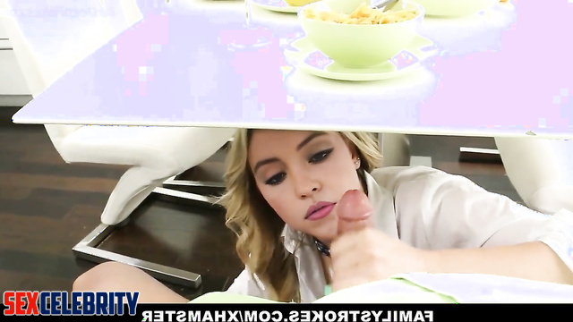 Slut making blowjob to her stepfather under the table, Sydney Sweeney ai