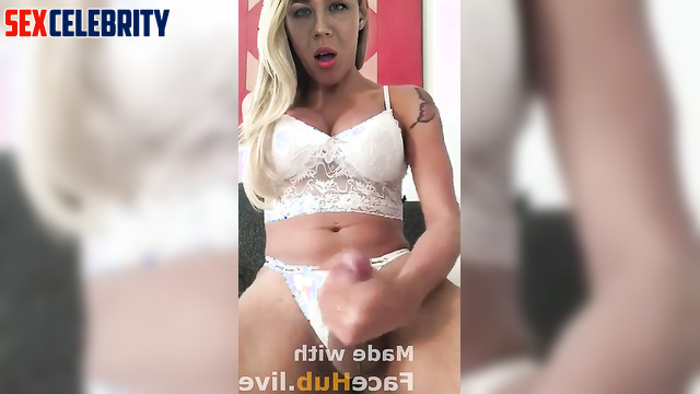 Sexy blonde Jennette McCurdy jacking her thick dick & cumming hard in white lingerie