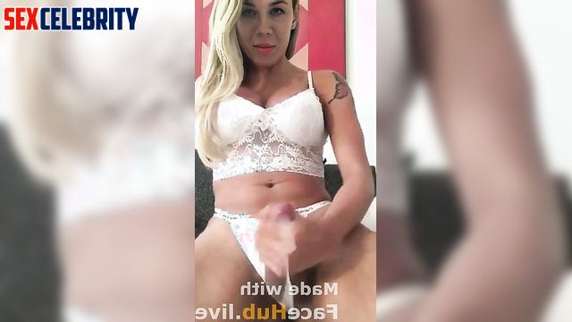 Sexy blonde Jennette McCurdy jacking her thick dick & cumming hard in white lingerie