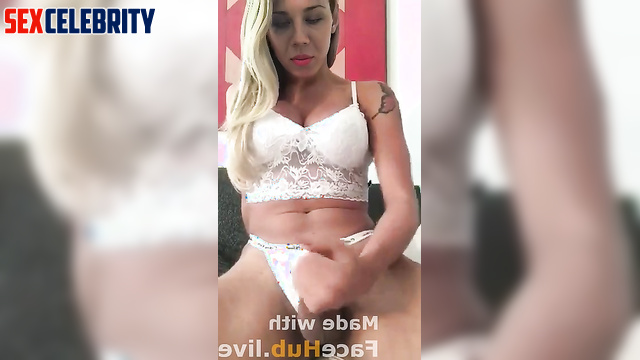 Sexy blonde Jennette McCurdy jacking her thick dick & cumming hard in white lingerie